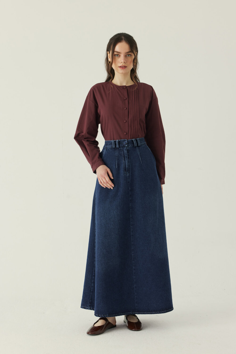 Pleated Detail Denim Skirt Blue - 7