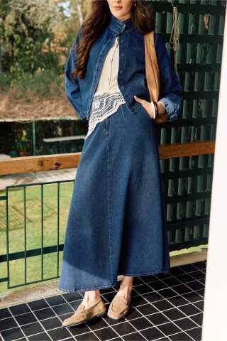 Pleated Detail Denim Skirt Blue - 1