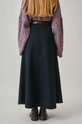 Pleated Detail Denim Skirt Dark Blue - 8