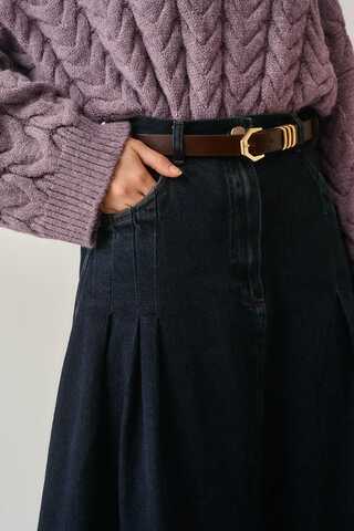Pleated Detail Denim Skirt Dark Blue - 2