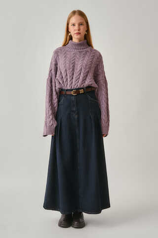 Pleated Detail Denim Skirt Dark Blue - 1