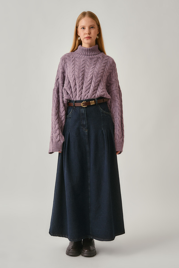 Pleated Detail Denim Skirt Dark Blue 