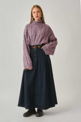 Pleated Detail Denim Skirt Dark Blue - 5