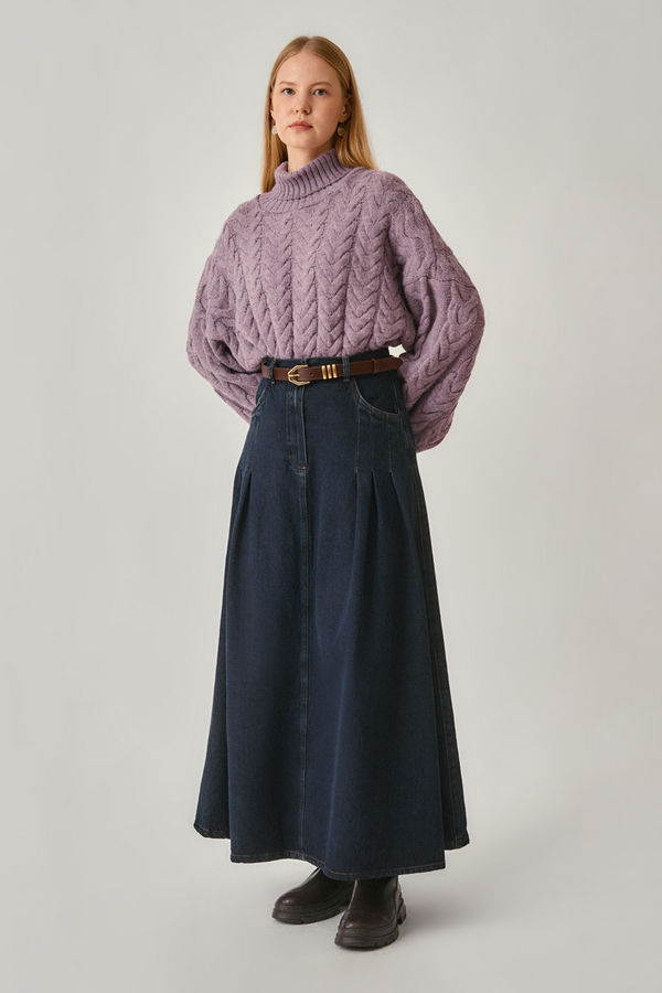 Pleated Detail Denim Skirt Dark Blue - 7