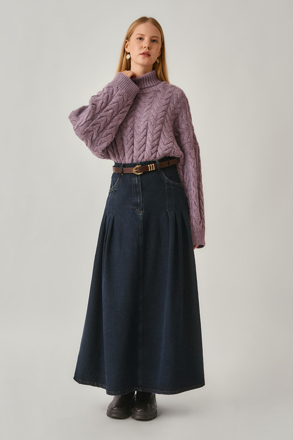 Pleated Detail Denim Skirt Dark Blue - 4