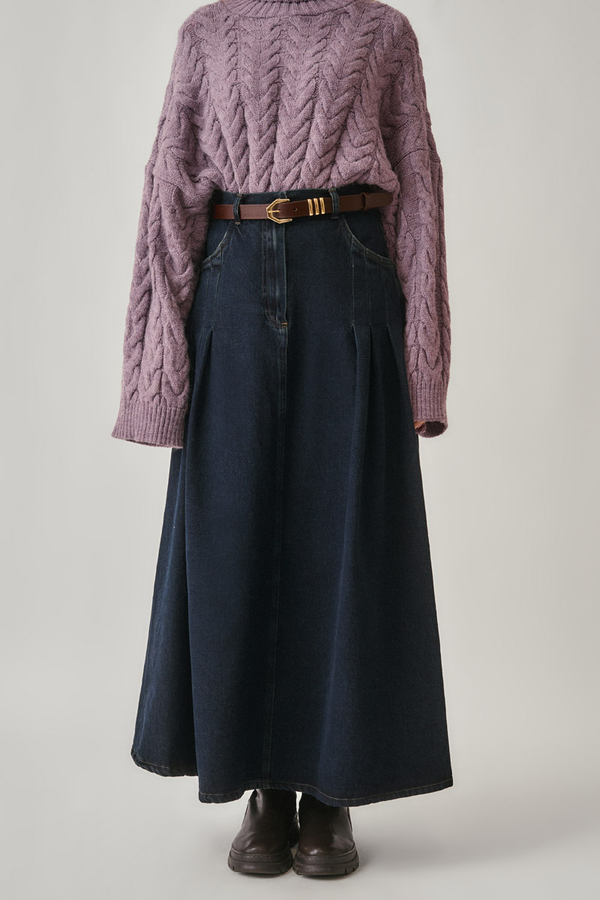 Pleated Detail Denim Skirt Dark Blue - 3