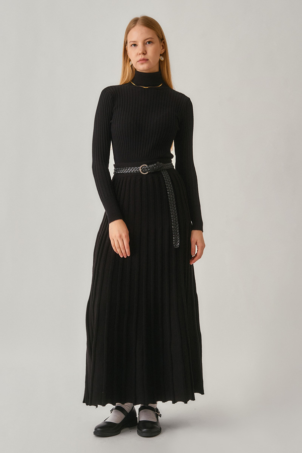 Pleated Knit Skirt Black - 7