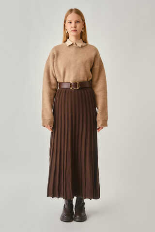 Pleated Knit Skirt Brown - 4