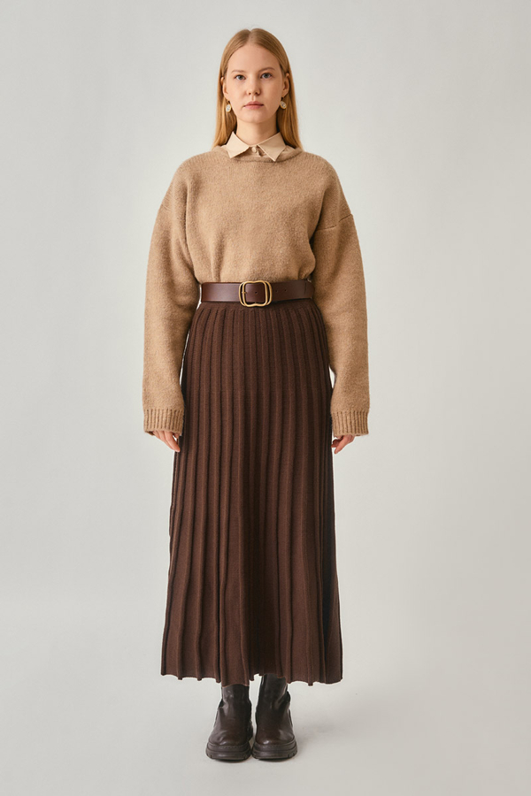 Pleated Knit Skirt Brown - 4