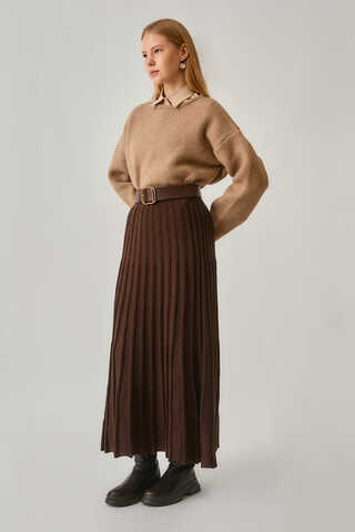 Pleated Knit Skirt Brown - 5