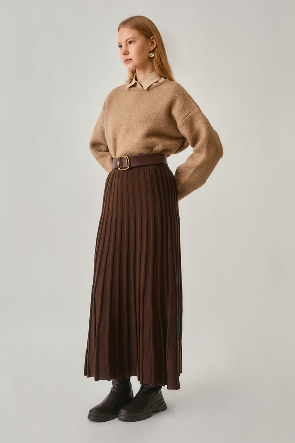 Pleated Knit Skirt Brown - 5