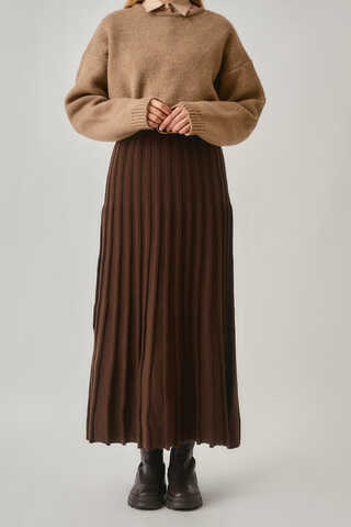 Pleated Knit Skirt Brown - 6