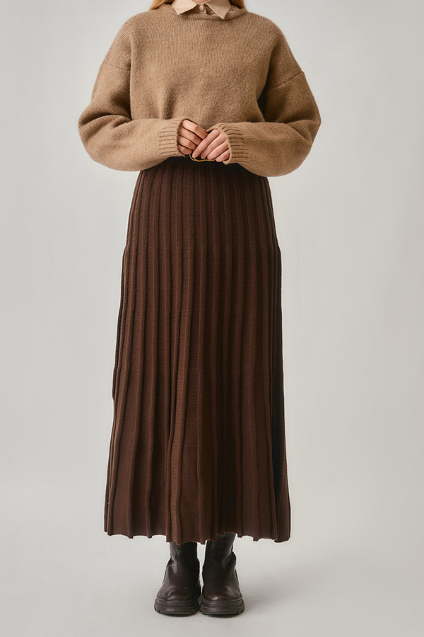 Pleated Knit Skirt Brown - 6