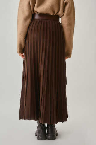 Pleated Knit Skirt Brown - 12