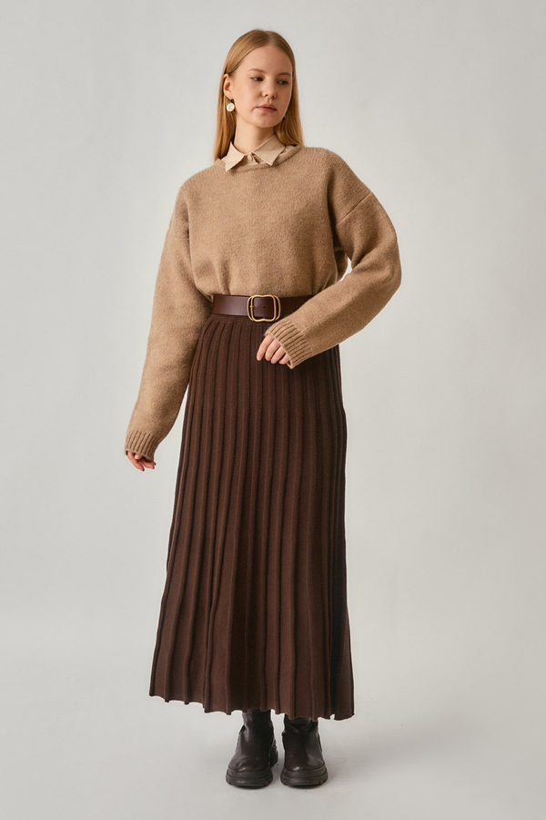 Pleated Knit Skirt Brown - 9