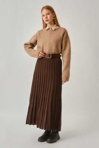 Pleated Knit Skirt Brown - 11