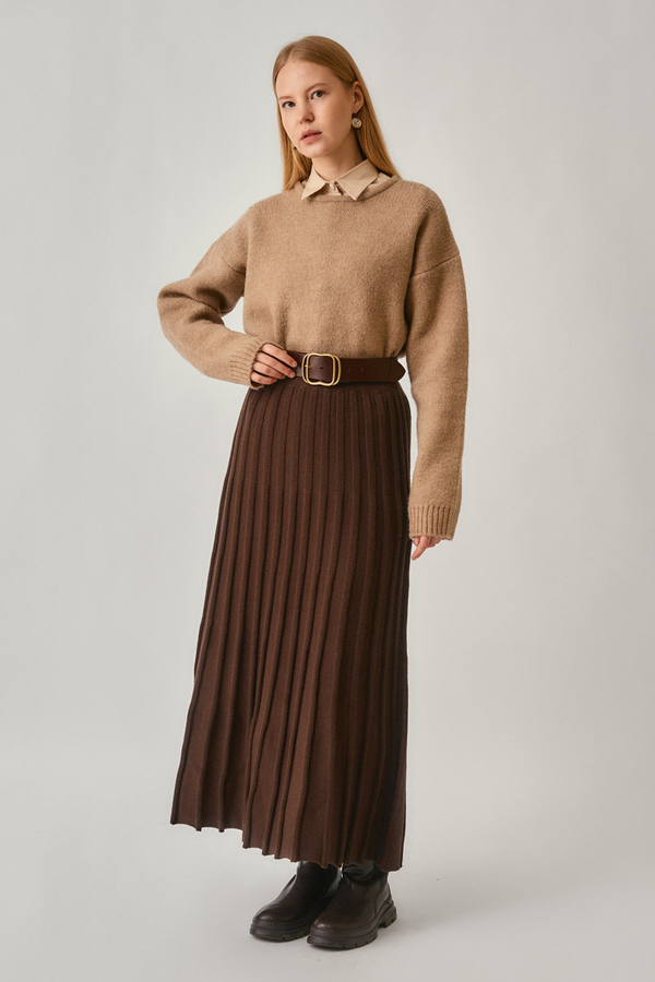 Pleated Knit Skirt Brown - 11