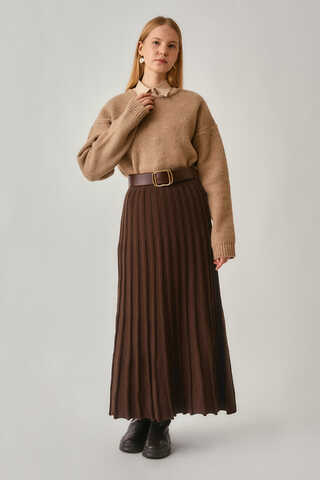 Pleated Knit Skirt Brown - 7