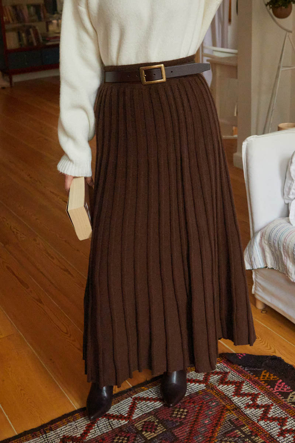 Pleated Knit Skirt Brown - 1
