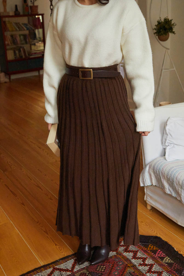 Pleated Knit Skirt Brown - 3