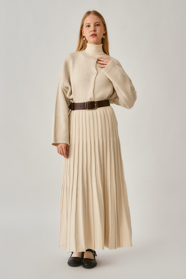 Pleated Knit Skirt Ecru - 7