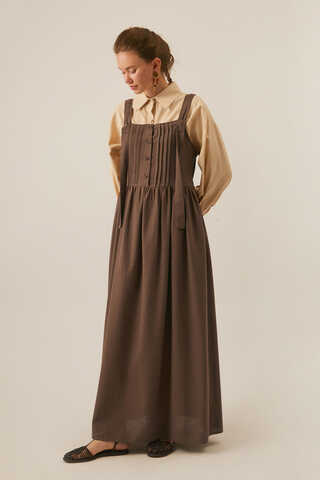 Pleated Linen Pinafore Dress Brown - 4