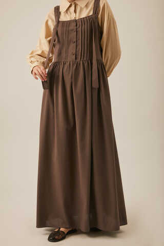 Pleated Linen Pinafore Dress Brown - 7