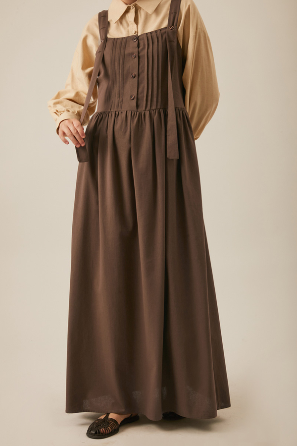 Pleated Linen Pinafore Dress Brown - 7