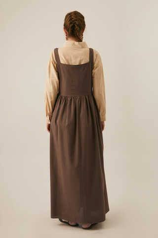 Pleated Linen Pinafore Dress Brown - 8