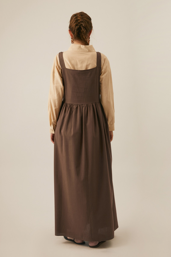 Pleated Linen Pinafore Dress Brown - 8