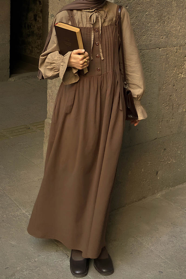 Pleated Linen Pinafore Dress Brown - 1