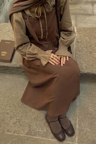 Pleated Linen Pinafore Dress Brown - 2