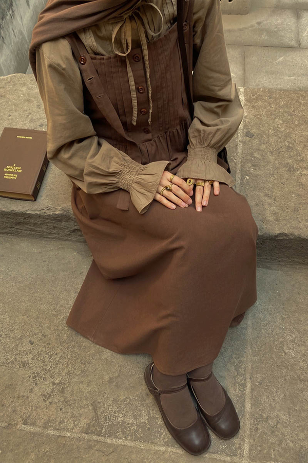 Pleated Linen Pinafore Dress Brown - 2