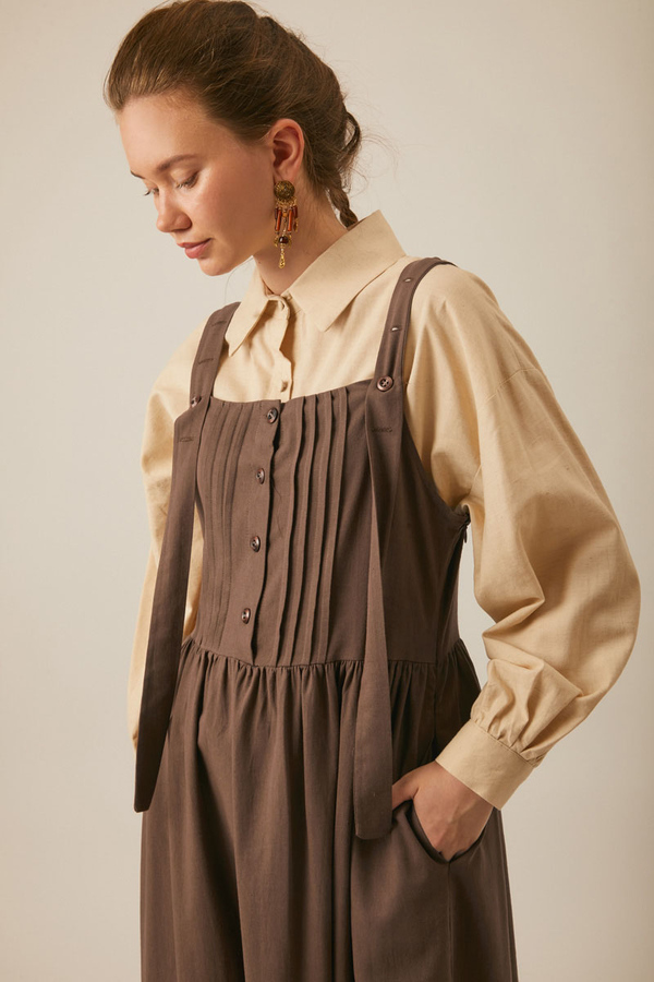Pleated Linen Pinafore Dress Brown - 5