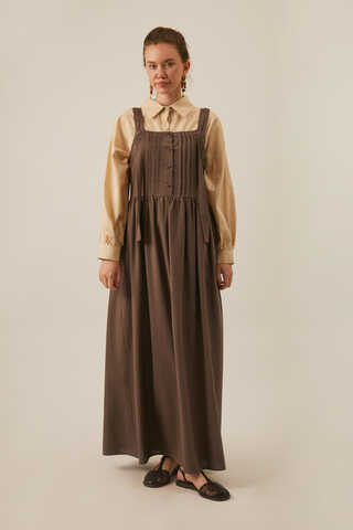 Pleated Linen Pinafore Dress Brown - 6