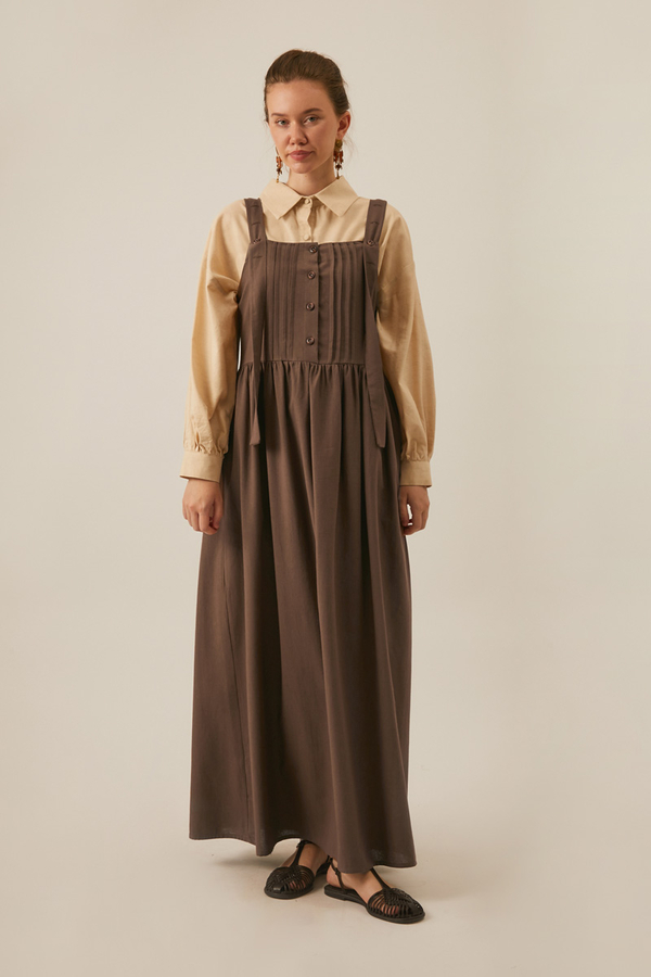 Pleated Linen Pinafore Dress Brown - 6