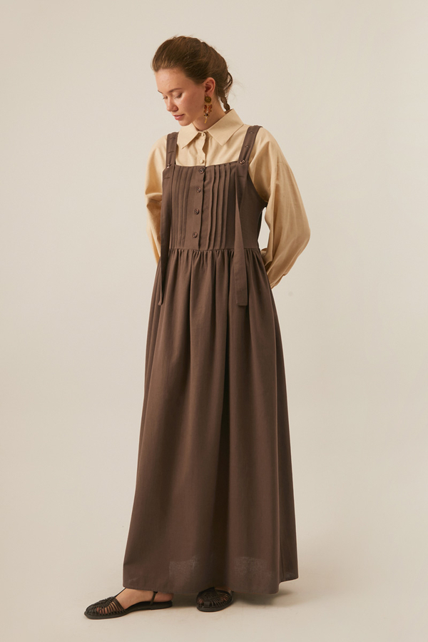 Pleated Linen Pinafore Dress Brown - 4