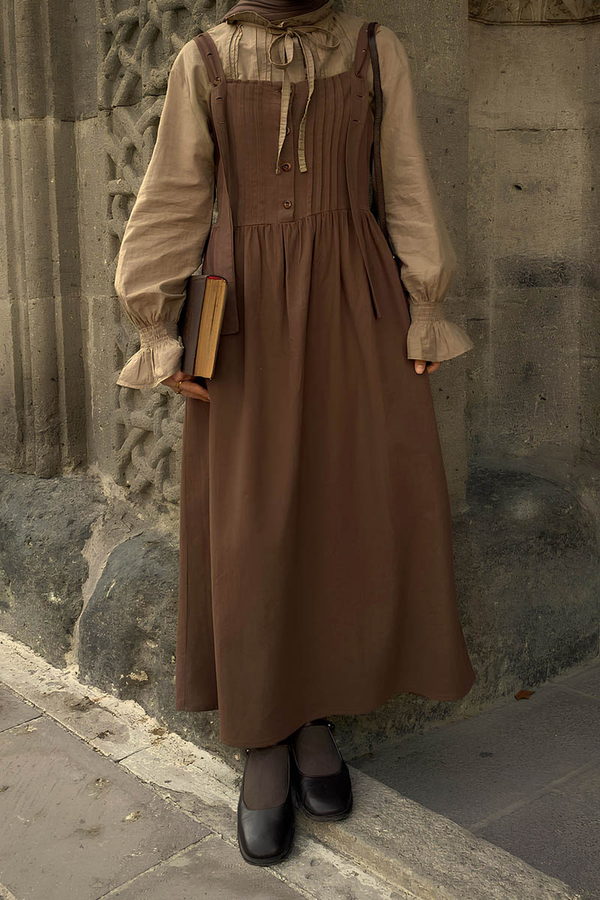 Pleated Linen Pinafore Dress Brown - 3