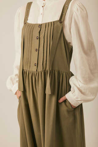 Pleated Linen Pinafore Dress Khaki  - 6