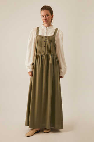 Pleated Linen Pinafore Dress Khaki  - 5