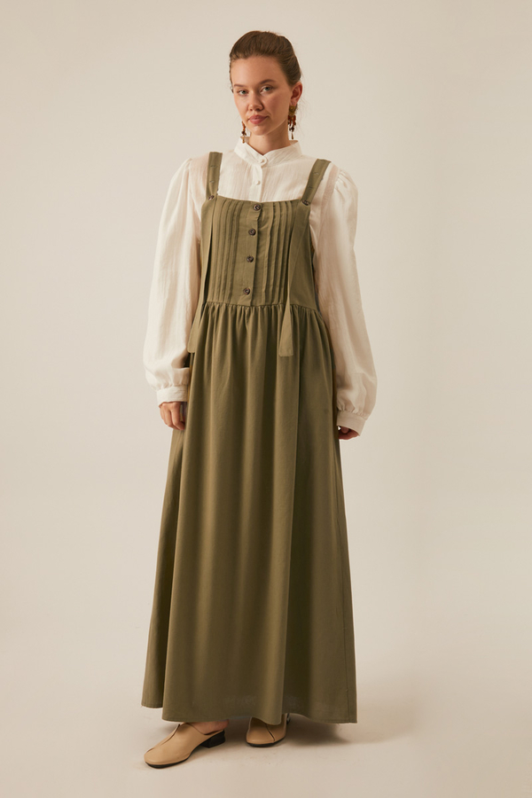 Pleated Linen Pinafore Dress Khaki  - 5