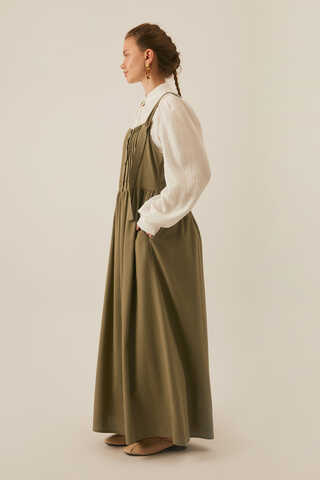 Pleated Linen Pinafore Dress Khaki  - 7