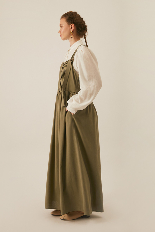 Pleated Linen Pinafore Dress Khaki  - 7