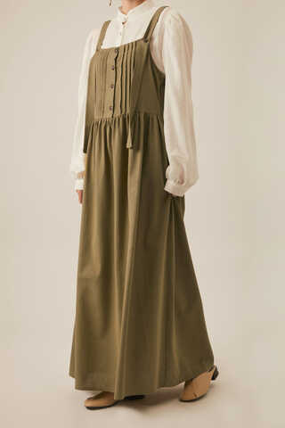 Pleated Linen Pinafore Dress Khaki  - 8