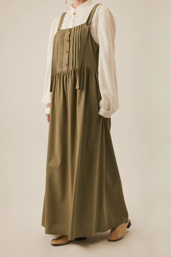 Pleated Linen Pinafore Dress Khaki  - 8