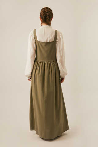 Pleated Linen Pinafore Dress Khaki  - 9