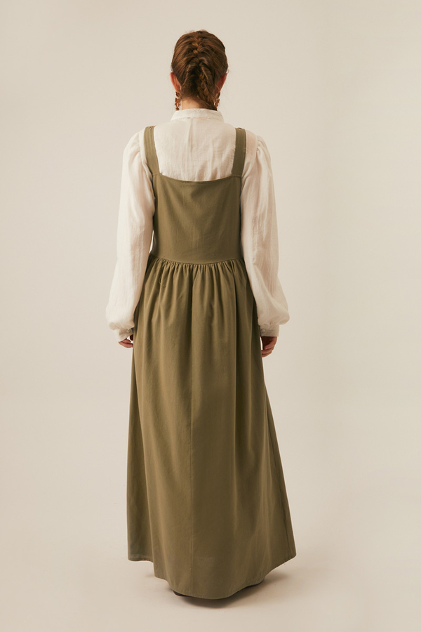 Pleated Linen Pinafore Dress Khaki  - 9