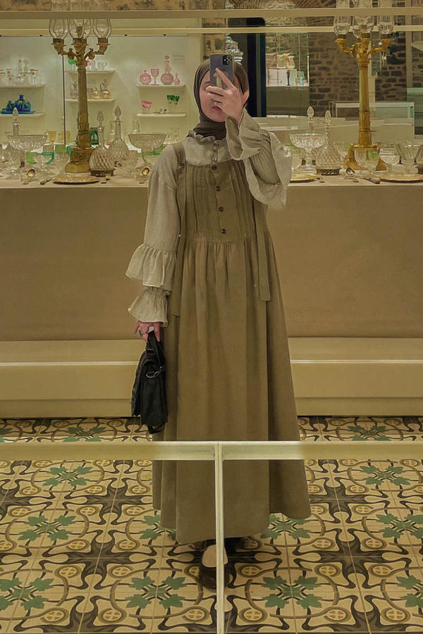 Pleated Linen Pinafore Dress Khaki  - 3