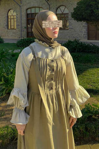 Pleated Linen Pinafore Dress Khaki  - 1