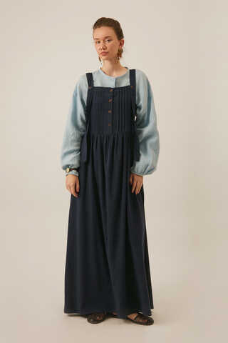 Pleated Linen Pinafore Dress Navy Blue - 2